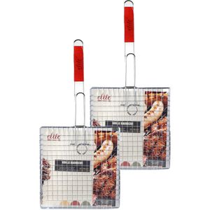 BBQ/barbecue rooster - 2x - klem grill - metaal/hout - 28 x 58 x 1 cm