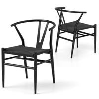 2-Delige Set Eetkamerstoelen Keukenstoelen met Y-Vormige Rugleuning & Gevlochten Rieten Zitkussen Accentstoelen Stapelbaar Zwart