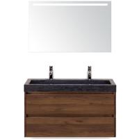 Dante Badmeubelset 100 cm - Walnoot - Wastafel Hardsteen Wit Lucca 2 Kraangaten met Sence Spiegel