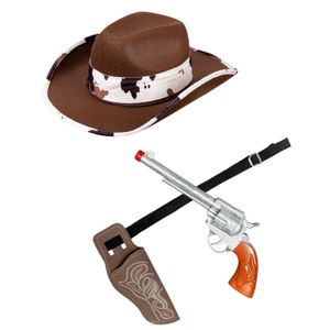 Verkleed set cowboyhoed Rodeo bruin/wit - met holster en pistool - voor volwassenen