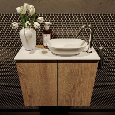 Mondiaz Fowy toiletmeubel 60cm washed oak met blad en waskom talc rechts 1 kraangat