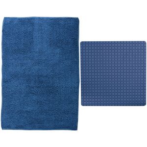 MSV Douche anti-slip mat en droogloop mat - Napoli badkamer set - rubber/polyester - donkerblauw