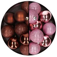 24x stuks kunststof kerstballen mix van donkerbruin en roze 6 cm - Kerstbal