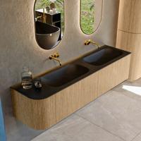 Mondiaz KURVE 175 cm Onderkast Greeploos 2 Lades Met Deuren Oak, Wastafel Solid Surface Rechts Urban 0 Kraangaten Zonder Spiegel (KRVBGS175L2L1D0KD-Oak/Urb)