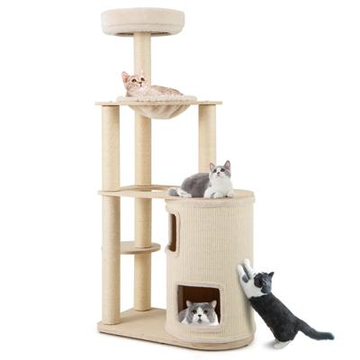 151 cm Krabpaal van Hout Grote Kattenboom Kattenkrabpaal met 2 Verdiepingen Hangmat & Sisal-Krabpaal Klimboom Naturel