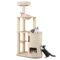 151 cm Krabpaal van Hout Grote Kattenboom Kattenkrabpaal met 2 Verdiepingen Hangmat & Sisal-Krabpaal Klimboom Naturel