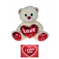 Kruger Pluche knuffelbeer - 70 cm - wit/rood - Valentijn Love hartje - hartjes wenskaart