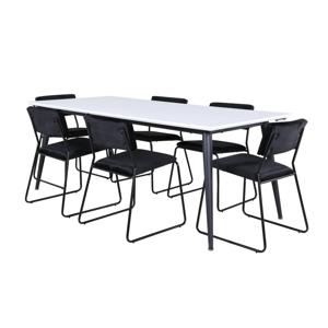 Jimmy195 eethoek eetkamertafel uitschuifbare tafel lengte cm 195 / 285 wit en 6 Kenth eetkamerstal velours zwart.