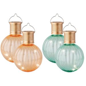 Set van 4x stuks buiten led oranje en turquoise lampion solar verlichting 11 cm