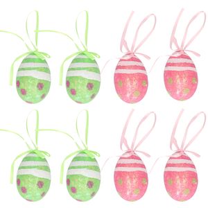 Decoratie paaseieren hangend - 12x stuks - groen/roze - piepschuim - 6 cm