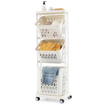 Wasmand 3 Niveaus met 4 Universele Wielen Waarvan 2 Vergrendelbaar 2 Kleine Manden en 1 Grote Mand Ruimtebesparend Wit