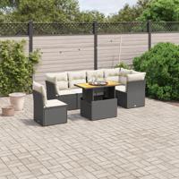 7-delige Loungeset met kussens poly rattan zwart