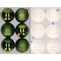 12x stuks kunststof kerstballen mix van donkergroen en parelmoer wit 8 cm - thumbnail