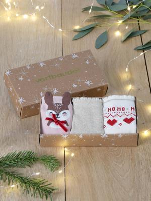 Doos met 3 paar kerstsokken roze (poederkleur)