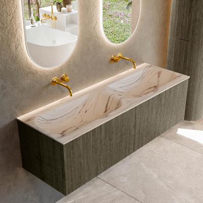 Badmeubel Mondiaz Kurve-Dlux | 140 cm | Meubelkleur Shadow | Wastafelkleur Nata | Solid surface | Wasbak beide zijden spoelbak | Zonder kraangat(en)