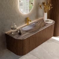 Badmeubel Mondiaz Kurve-Dlux | 130 cm | Meubelkleur Walnut | Wastafelkleur Sombra | Solid surface | Wasbak midden spoelbak | 1 kraangat