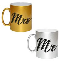 Mrs and Mr bruiloft / bruidspaar cadeau koffiemok / theebeker goud en zilver 330 ml   - - thumbnail