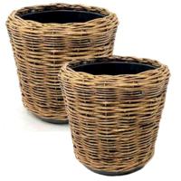 Planten/bloemen mand - 2x - rond - rotan - gevlochten riet - D32 x H29 cm - drypot Planten/bloemen mand - 2x - rond - rotan - gevlochten riet - D32 x H29 cm - drypot