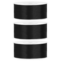 Partydeco Cadeaulint - 3x - zwart - 2,5 cm x 25 meter - satijn - sierlint - inpakken - decoratie
