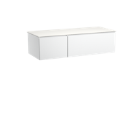 Storke Edge zwevend badkamermeubel 130 x 52,5 cm mat wit met Tavola asymmetrisch rechtse wastafel in matte Solid Surface