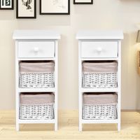 (2 Stuks) Nachtkastje met Lade en 2 Opbergmanden Bijzettafel Rieten Dressoir Mand Commode Ladeblok Wit