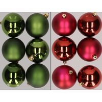 12x stuks kunststof kerstballen mix van donkergroen en donkerrood 8 cm - thumbnail