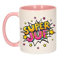 Super juf cadeau mok / beker roze en wit met sterren 300 ml - thumbnail