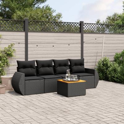 5-delige Loungeset met kussens poly rattan zwart