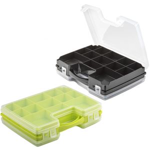 Forte Plastics - 4x Opberg vakjes doos/Sorteerbox - 21-vaks kunststof - 28 x 21 x 6 cm - zwart/groen