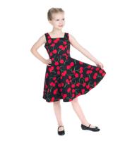 Hearts & Roses Black Bombshell Cherry Kids Swing Dress-7 - 8 Jaar