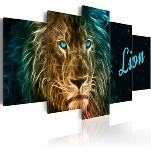 Schilderij - Lion, leeuw, met tekst, print op canvas, wanddecoratie, 5luik