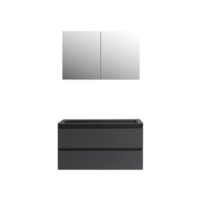 Badkamermeubel BWS Pepper Wastafel Acryl Mat Zwart Incl Spiegelkast 2 Deurs Met 2 Kraangaten 100x55x46 cm Antraciet