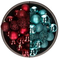 74x stuks kunststof kerstballen mix van turquoise blauw en donkerrood 6 cm - Kerstbal - thumbnail