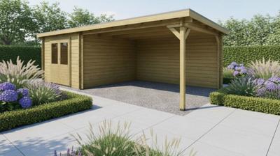 Classicline Blokhut Overijssel vuren groen geïmpregneerd 300x300 + overkapping 400 cm- Lessenaarsdak- - Van Kooten Classicline Blokhut Overijssel vuren groen geïmpregneerd 300x300 + overkapping 400 cm- Lessenaarsdak- - Van Kooten