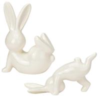 Decoratie paashaas beeld set - 2x stuks - handstand en liggend - porselein - 18 cm
