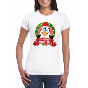 Pinguin Kerst t-shirt wit Merry Christmas voor dames