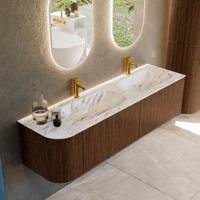 Badmeubel Mondiaz Kurve-Dlux | 165 cm | Meubelkleur Walnut | Wastafelkleur Glace | Solid surface | Dubbele spoelbak | 2 kraangaten