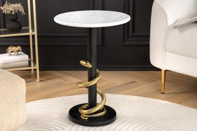 Ronde bijzettafel WILDLIFE SNAKE 55cm Wit Marmer Goud Zwart Slang Sculptuur - 44831