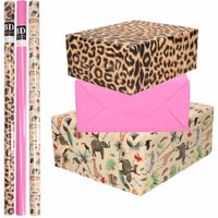 6x Rollen kraft inpakpapier jungle/panter pakket - dieren/luipaard/roze 200 x 70 cm - Cadeaupapier