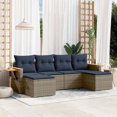 6-delige Loungeset met kussens poly rattan grijs