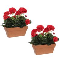 2x stuks geranium balkon kunstplanten rood in keramieken pot L29 x B13 x H40 cm