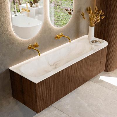 Badmeubel Mondiaz Kurve-Dlux | 145 cm | Meubelkleur Walnut | Wastafelkleur Frappe | Solid surface | Links spoelbak | Zonder kraangat(en)