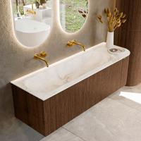 Badmeubel Mondiaz Kurve-Dlux | 145 cm | Meubelkleur Walnut | Wastafelkleur Frappe | Solid surface | Links spoelbak | Zonder kraangat(en)