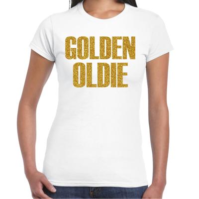 Verkleed T-shirt dames - golden oldie -? wit - glitter goud - themafeest fout/goud/stout