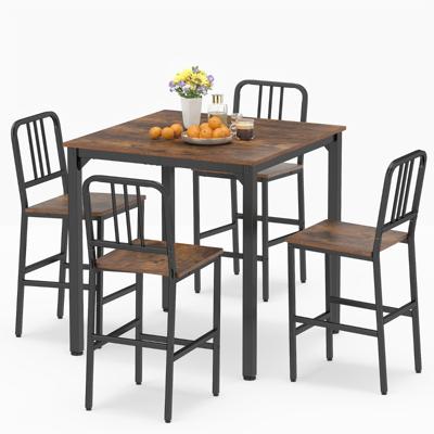 Eettafel met 4 Stoelen Hoge Keukentafel en 4 Barkrukken met Stevig Metalen Frame-Bruin