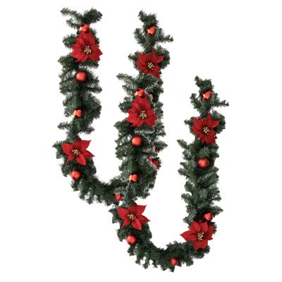 Dennenslinger/dennen guirlande - 2x - met kerstversiering - rood - 200 x 20 cm - kunststof