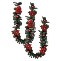 Dennenslinger/dennen guirlande - 2x - met kerstversiering - rood - 200 x 20 cm - kunststof