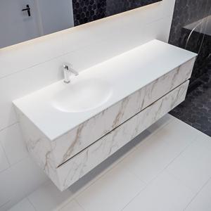 Mondiaz Vica Moon badmeubel wit carrara mat 150 cm 4 lades solid surface enkele spoelbak links 1 kraangat