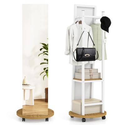 Kapstok Zelfdragend met Drie Haken en Opbergplank Voorzien van een Staande Spiegel met Wieltjes Wit