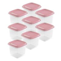 Vershoudbakjes Hega - set van 8x stuks - 0.7 liter - transparant/roze - L11 x B11 x H12 cm